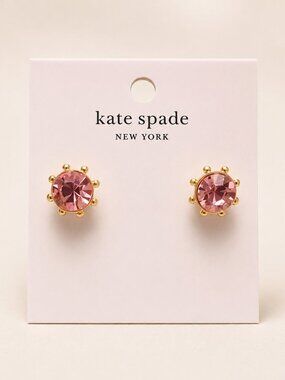 Kate Spade New York Rose Pink Crystal Stud Earrings Gold Tone Prong Set NWT